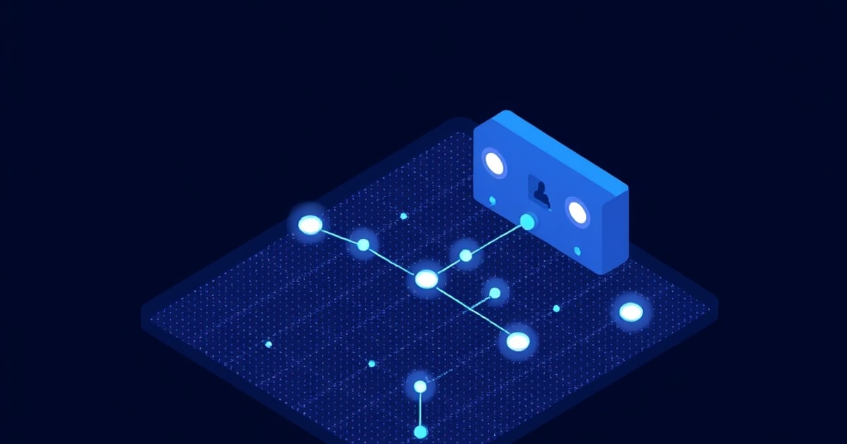 Flat isometric illustration for Python drift detection libraries: a dotted diamond platform carrying a branching constellation of glowing nodes, with an upright slab bearing two oval lenses at its far edge