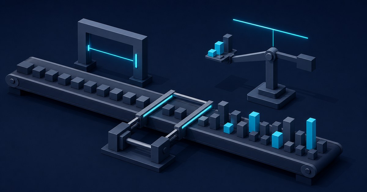 Isometric 3D conveyor carrying data cubes through a glowing gate and sliding window into shifting bar heights, with a balance scale alongside.
