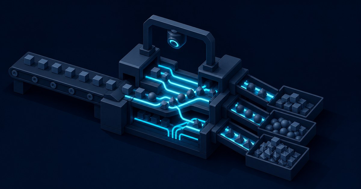 Isometric conveyor feeding cubes into a camera-topped sorting machine that routes cubes, spheres and pyramids into three bins, a model drift metaphor.