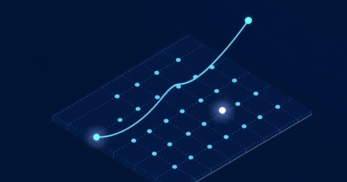 Flat isometric illustration of a dotted blue grid plane with a rising cyan curve between two glowing endpoints and one bright white node.