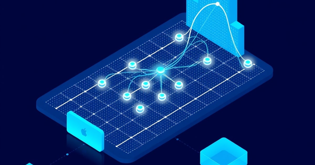 Isometric dotted grid panel carrying glowing disc-shaped nodes wired to a central hub, with a tall bar and a peaked curve rising behind it, representing binned feature drift measured against a reference distribution