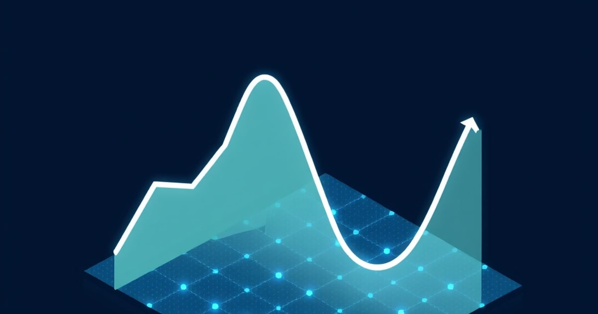 Flat isometric illustration of a teal area chart with a tall peak, deep dip and rising arrow tip over a blue dotted grid platform.