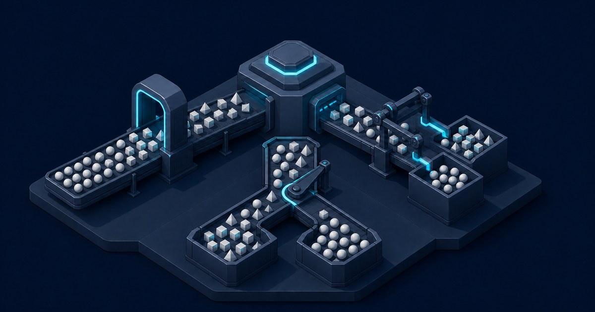 Isometric navy sorting facility where conveyors carry white spheres, cubes and pyramids past a glowing gate and robot arms route them into separate bins.